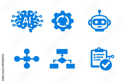 AI and automation icons set featuring algorithms, robotics and intelligent decisions. Clean monocromatic vector symbols for apps, websites and digital systems.