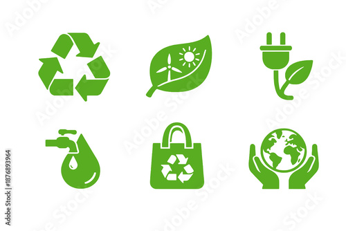 Sustainability icon set with recycling, renewable energy and eco habits. Monocromatic flat vector icons for green apps, UI dashboards, websites and environmental platforms.