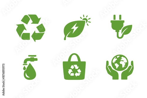 Eco friendly living icons set featuring energy saving, reuse and environmental care. Clean monocromatic vector symbols for apps, web interfaces and sustainability systems.