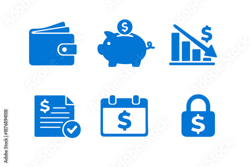 Money management icons set featuring budgeting, savings and secure payments. Clean monocromatic vector symbols for financial apps, websites and digital tools.