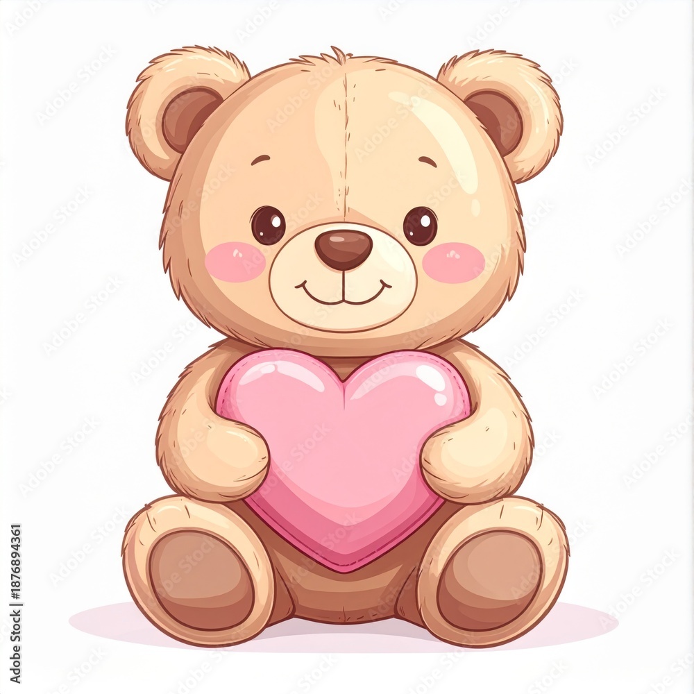 Fototapeta premium Cartoon Teddy Bear Sitting and Holding a Pink Heart on White Background