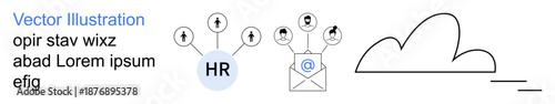 Workforce management, digital communication, data storage, remote work, networking, technology solutions. HR icon linked to individuals, email graphic cloud symbol. Workforce management and digital