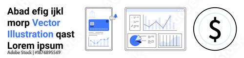 Smartphone alert, financial dashboards with graphs on tablet and dollar sign represent data tracking. Ideal for finance, analytics, technology, investment, commerce, marketing, and simple landing