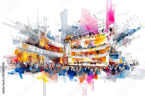 Vibrant Watercolor Illustration of a Concert Hall