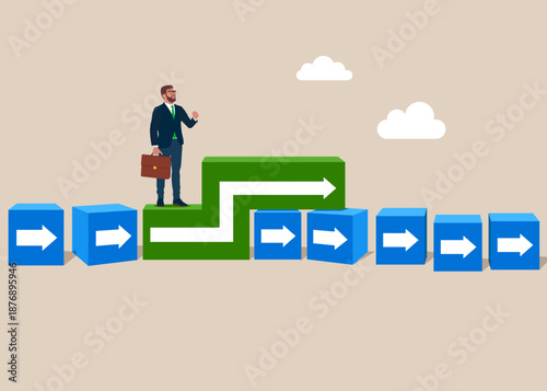 Businessman think atypically, look for new approaches and opportunities. Advance ahead. Modern flat vector illustration.