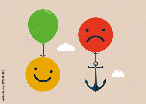 Yellow smiley with green balloon fly pass red smiley falling down with anchor. Business ranking up or down. Business competition. Modern vector illustration in flat style