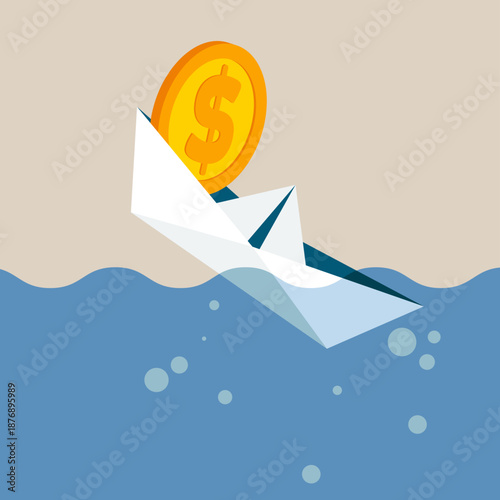 Drowning paper boat due to a debt burden. Being trapped in a financial problem or overwhelming business debt. Modern vector illustration in flat style.