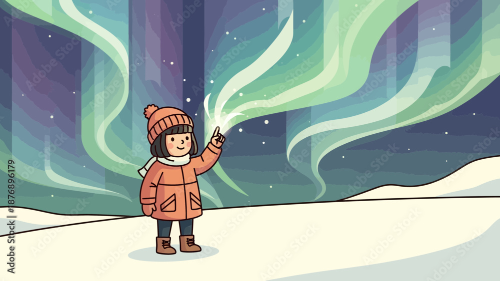 Naklejka premium Magical Night Young Girl Witnessing Boreal Phenomenon In Snowy Environment