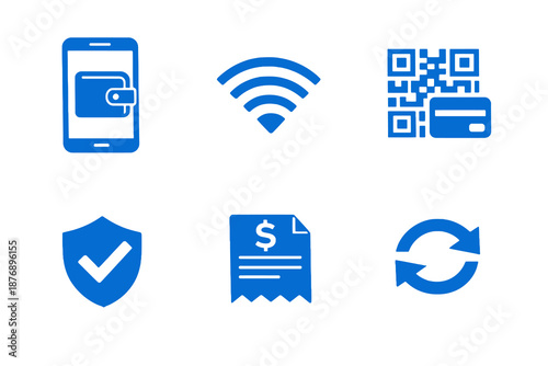 Online payment icon set with digital wallet, QR payment and secure transactions. Monocromatic flat vector icons for finance apps, UI dashboards and payment platforms.
