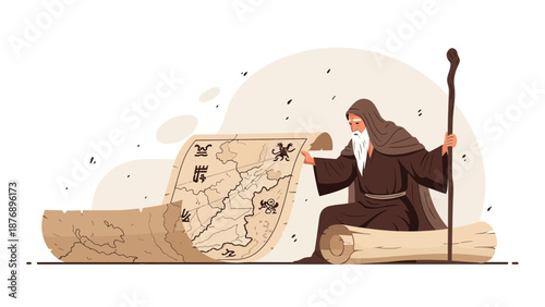 Magician Carefully Studies Ancient Map With Hieroglyphs And Imaginary Creatures