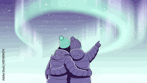 Magical Winter Night Two Friends Admiring Northern Lights Cartoonish Style