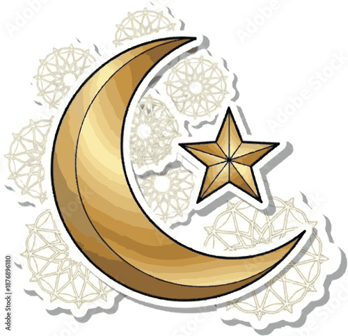 Golden crescent moon and star graphic, symbolizing celestial beauty, cultural tradition, and spiritual harmony. Elegant decorative element for festive occasions, peaceful themes