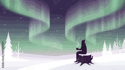 Magical Northern Lights Over Winter Landscape With Person Enjoying Warm Drink