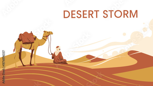 Man Accompanies Camel Across Desert Landscape Amidst Arid Beauty Illustration