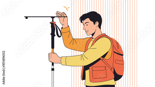 Man Adjusting Trekking Pole Gear For Outdoor Adventure With Backpack