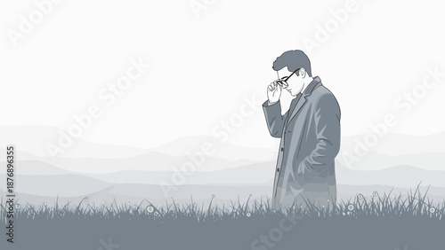 Man Adjusting His Glasses In A Field With Mountains Background Illustration