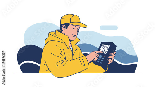 Man Adjusting Settings On Digital Device Wearing Yellow Jacket And Cap