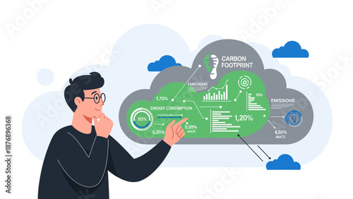 Man Analyzing Carbon Footprint Data And Energy Consumption On An Infographic