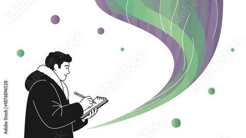 Man Capturing Aurora Borealis In His Notebook Under Northern Lights Art