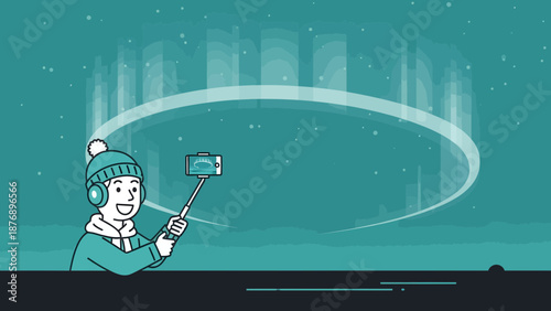 Man Capturing The Aurora Borealis With A Selfie Stick In An Illustration Style