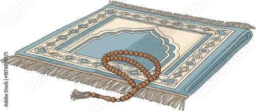 Islamic prayer rug and prayer beads illustration, a symbol of faith and devotion for Muslims worldwide