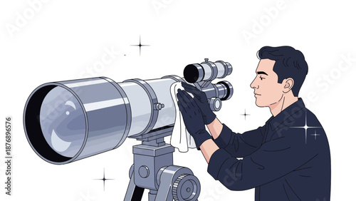 Man Carefully Cleaning Telescope for Observing the Stars and Planets