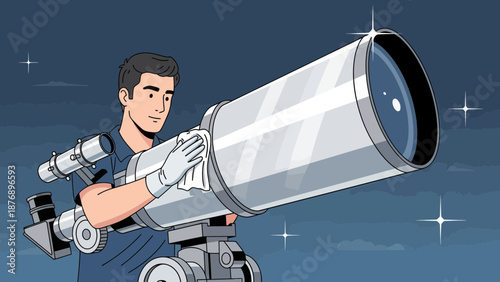 Man Carefully Cleans The Powerful Telescope For Clear Nighttime Star Observation