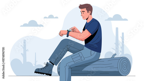 Man Checks Smartwatch While Relaxing Outdoor On A Fallen Tree Trunk