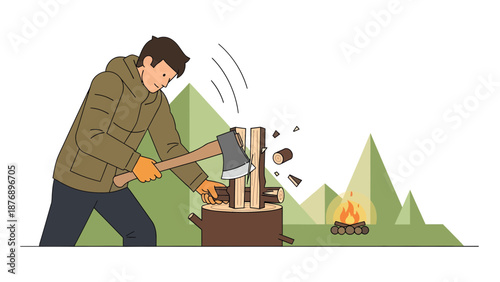 Man Chopping Wood For Campfire Illustration In Nature Background Scene