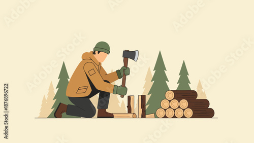 Man Chopping Wood With An Axe In A Forest Preparing For Winter
