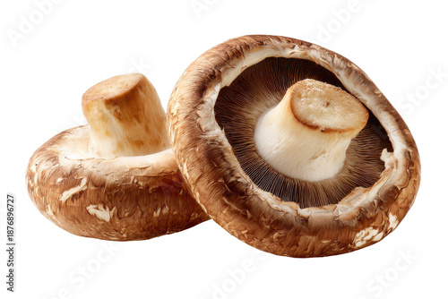 Fresh brown mushrooms isolated on transparent background. Two fresh brown mushrooms isolated on white background.