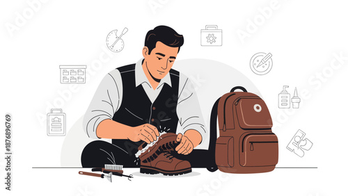 Man Cleaning Leather Hiking Boot With Brush And Polish To Maintain Durability