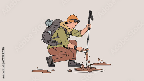 Man Cleaning Mud Off Hiking Pole After Trekking Through Dirty Terrain Outdoor