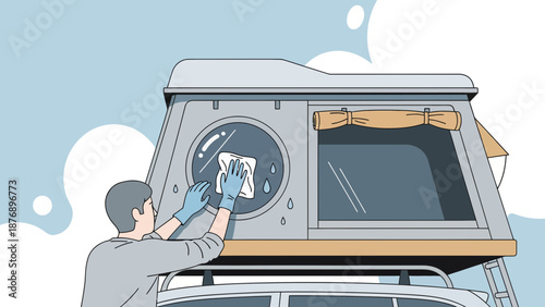 Man Cleaning Rooftop Tent Before Camping Adventure In A Relaxing Outdoor Setting