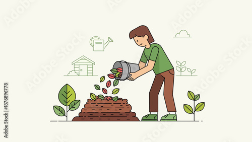 Man Composting Organic Matter And Working In His Garden On A Sunny Day