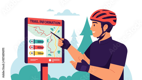 Man Cyclist Checks Trail Information Before Mountain Biking Adventure