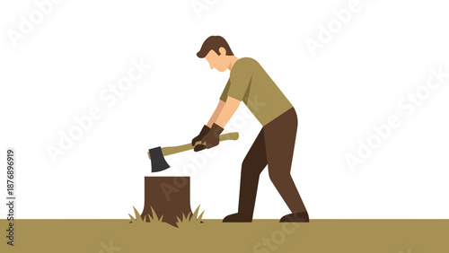 Man Cutting Wood With Axe On Stump In Outdoors Environment Flat Design
