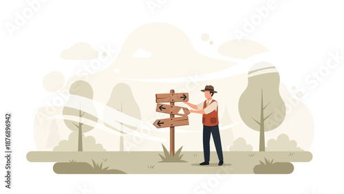 Man Deciding Which Direction To Go From Signpost In Natural Landscape