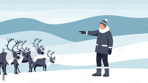 Man Directing Reindeer Herd In Snowy Mountainous Landscape Illustration