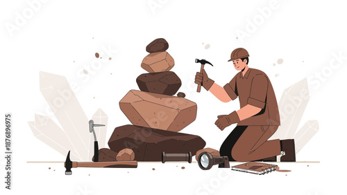 Man Discovering Crystals And Mining Stone Formation With A Hammer