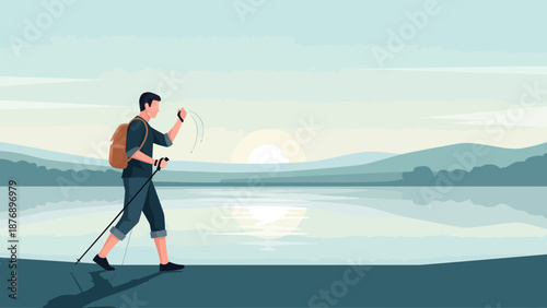 Man Doing Nordic Walking With Mountain Views And Reflection On Lake