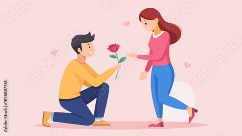 Young man giving rose to woman