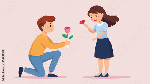 Young boy giving rose to girl