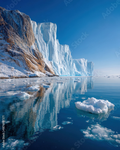 Massive iceberg wall reflected in calm arctic sea beneath a clear blue sky