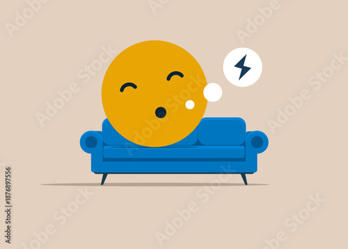 Sleepy smiley on sofa. Burnout, overload. Fight burnout at work. Modern flat vector illustration.