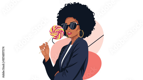 Fashionable black woman with a large afro and sunglasses holds a vibrant swirled lollipop while wearing a smart blazer.
