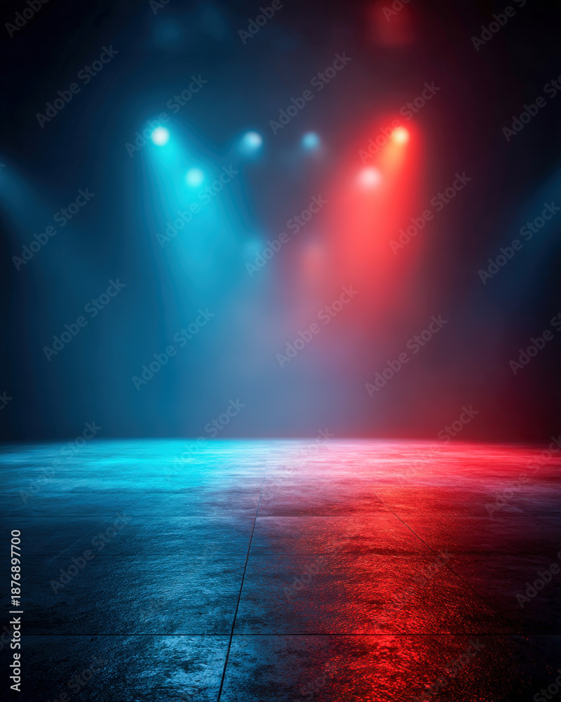 Obraz premium Red and cyan split-light bokeh background, bold vertical layout with open copy space