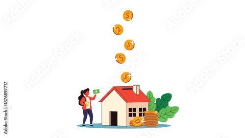 Young woman saves money by standing next to a house shaped piggy bank as gold coins fall from the sky into the slot.