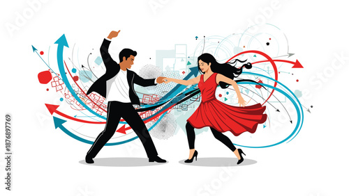 Man and woman perform an energetic dance in front of a background filled with colorful swirling arrows and abstract shapes.