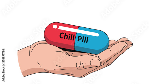 Person holds a large red and blue medicinal capsule in their hand that features the words chill pill printed on the side.